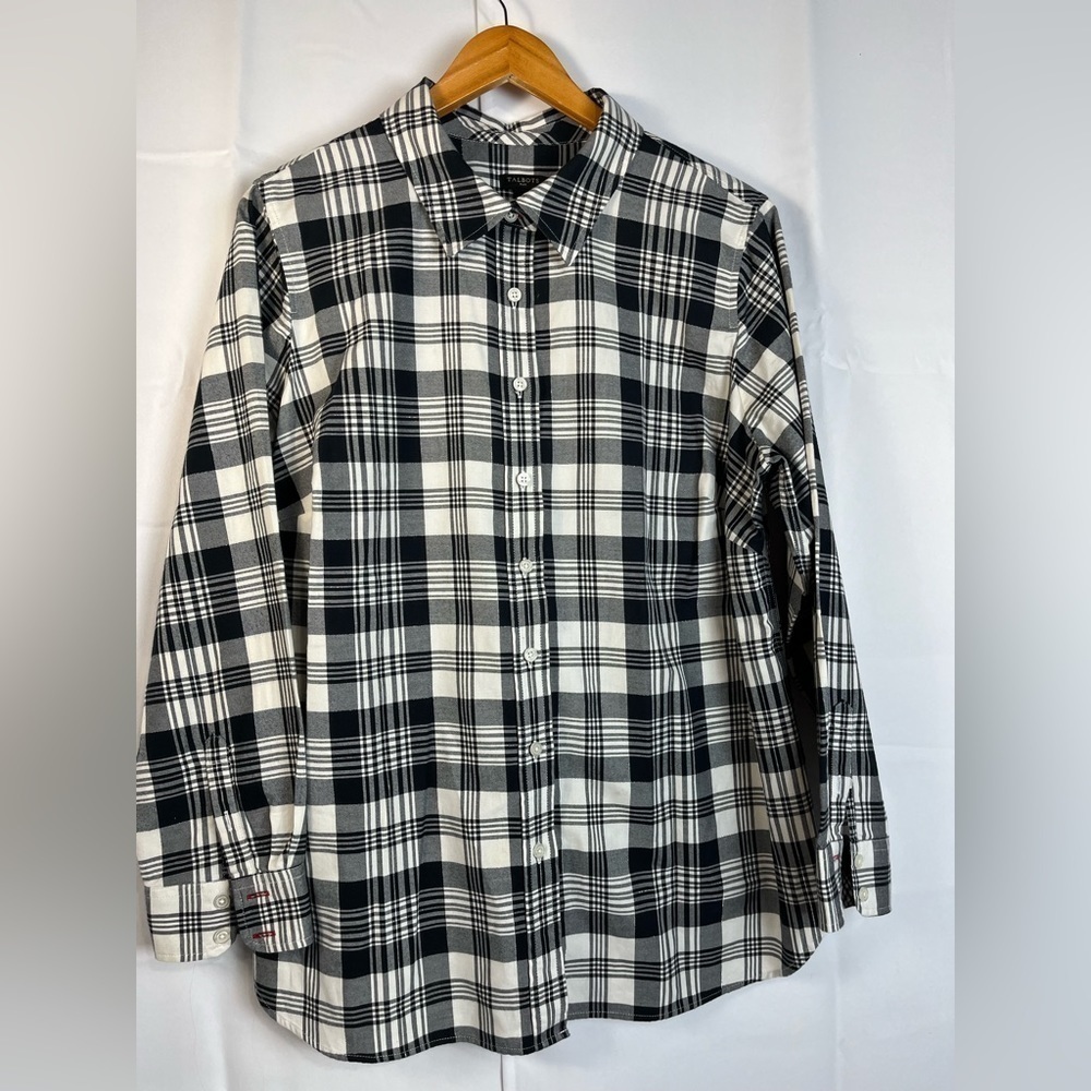 Talbots Plus Womens Black White Plaid Button Up Blouse Shirt Long Sleeves sz 1X
